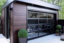 Modern style poolside garden house with California full view garage door, 12' x 7', Black aluminum profile, Clear glass