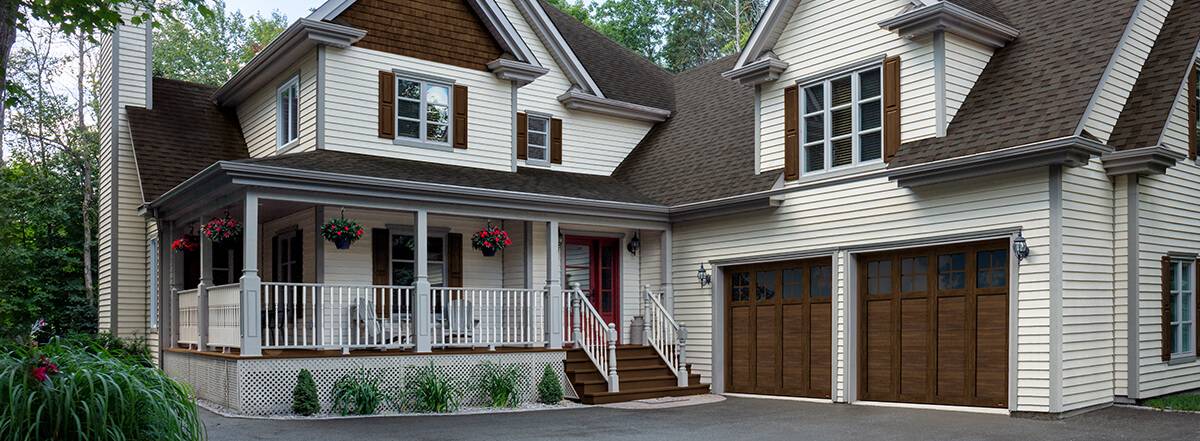 New garage doors designs, colours and glass with carriage house white house with brown farmhouse garage door